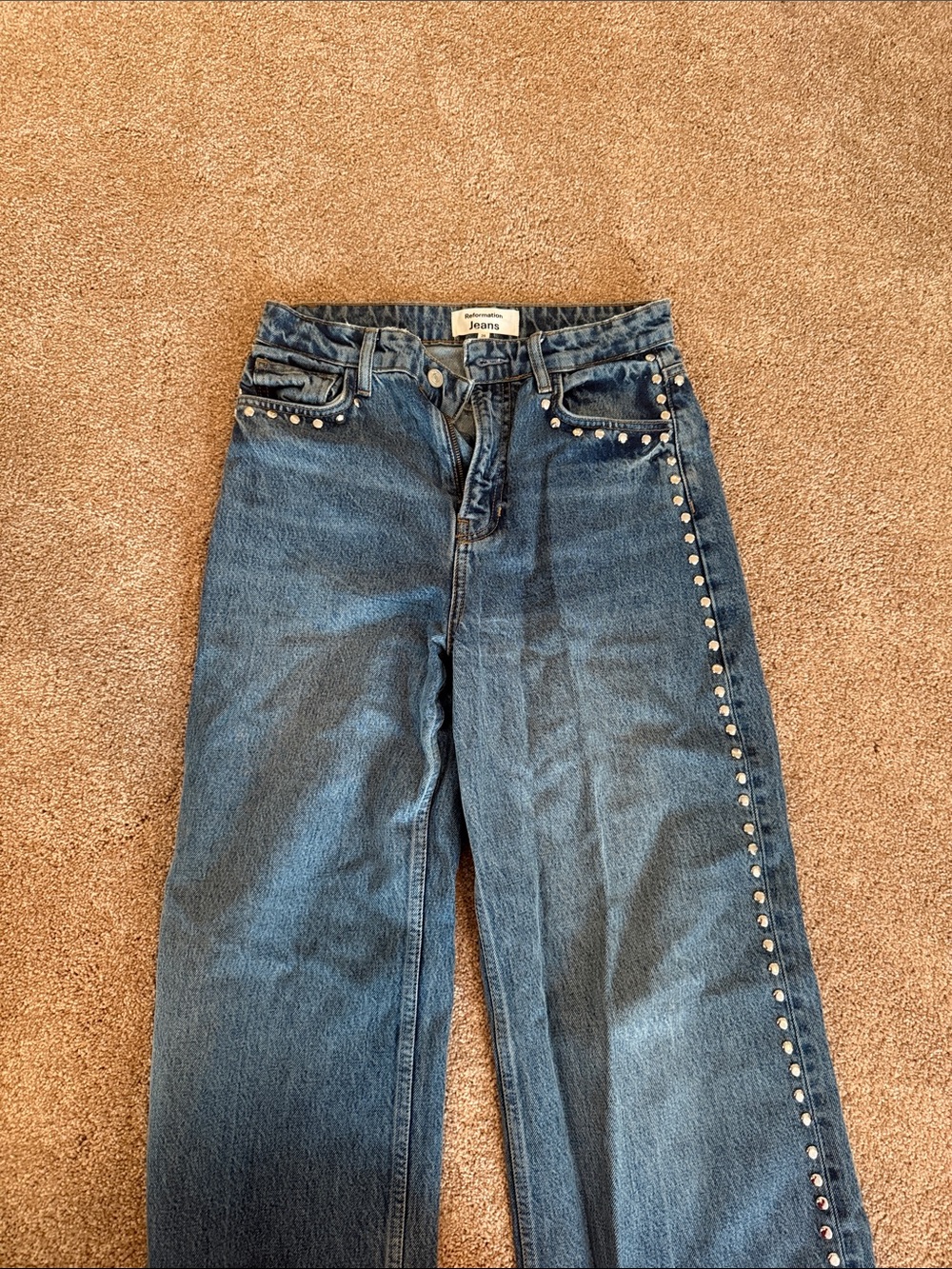 Reformation Denim Straight-Leg Jeans with Silver Studs